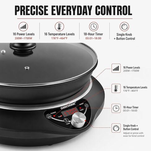 1700W Induction Cooktop with 13.4" Carbon Steel Wok Pan,Lid,Rack,1.97" Deep Curved Concave Electric Stove Burner 16 Watts/temp Precise Ctrl 200~1700W 176°F to 446°F,18H Timer ETL-Listed in Saudi Arabia