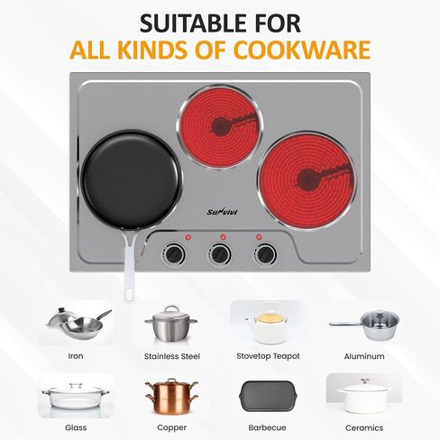 Sunvivi 1800W Triple Burner Portable Electric Ceramic Stove – Knob Control, Indicator Light, Compatible with All Cookware, Ideal for Multiple Cooking Scenarios, Silver in Saudi Arabia