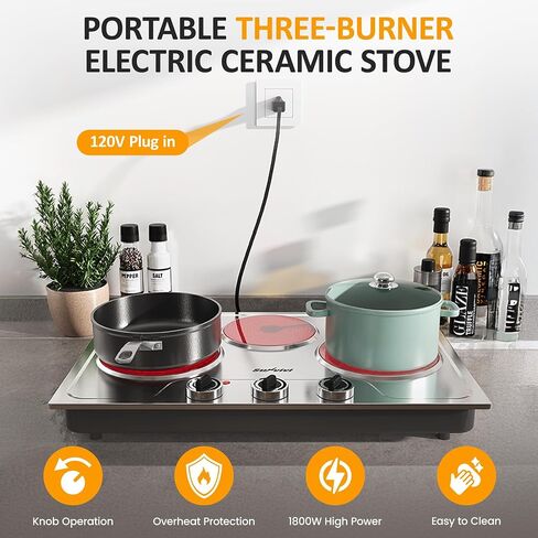 Sunvivi 1800W Triple Burner Portable Electric Ceramic Stove – Knob Control, Indicator Light, Compatible with All Cookware, Ideal for Multiple Cooking Scenarios, Silver in Saudi Arabia