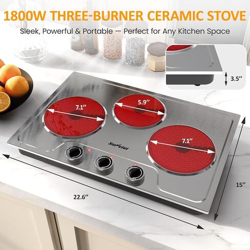 Sunvivi 1800W Triple Burner Portable Electric Ceramic Stove – Knob Control, Indicator Light, Compatible with All Cookware, Ideal for Multiple Cooking Scenarios, Silver in Saudi Arabia