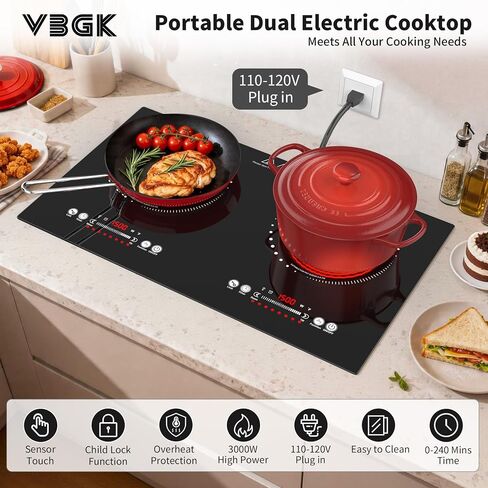 موقد كهربائي VBGK، موقد علوي بقوة 110 فولت 3000 وات مع تحكم باللمس LED، 8 مستويات طاقة، قفل للأطفال ومؤقت 4 ساعات، موقد للحماية من الحرارة الزائدة، موقد كهربائي 24 بوصة 2 شعلة in Saudi Arabia