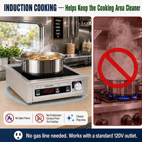 Commercial Induction Cooktop 1800W 120V, Countertop Induction Burner with 304 Stainless Steel Body, 9.25" Copper Coil, 18H Timer, Portable Induction Cooktop for Restaurants Catering in Saudi Arabia