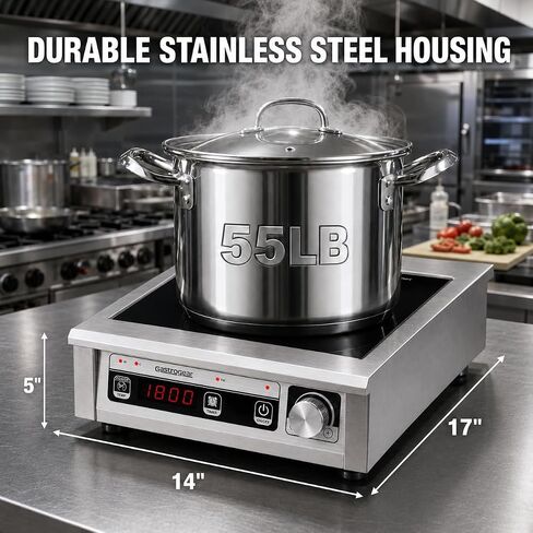 Commercial Induction Cooktop 1800W 120V, Countertop Induction Burner with 304 Stainless Steel Body, 9.25" Copper Coil, 18H Timer, Portable Induction Cooktop for Restaurants Catering in Saudi Arabia