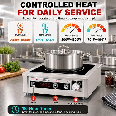Commercial Induction Cooktop 1800W 120V, Countertop Induction Burner with 304 Stainless Steel Body, 9.25" Copper Coil, 18H Timer, Portable Induction Cooktop for Restaurants Catering in Saudi Arabia