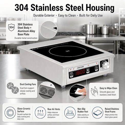 Commercial Induction Cooktop 1800W 120V, Countertop Induction Burner with 304 Stainless Steel Body, 9.25" Copper Coil, 18H Timer, Portable Induction Cooktop for Restaurants Catering in Saudi Arabia