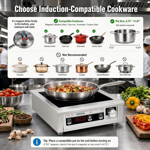 Commercial Induction Cooktop 1800W 120V, Countertop Induction Burner with 304 Stainless Steel Body, 9.25" Copper Coil, 18H Timer, Portable Induction Cooktop for Restaurants Catering in Saudi Arabia
