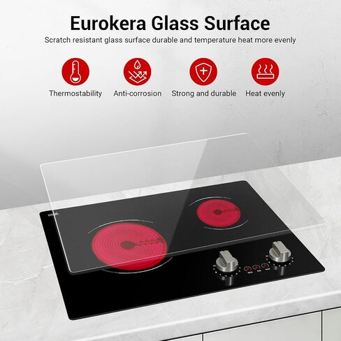 Electric Cooktop 2 Burner, 21" Built-in Ceramic Cooktop with Knob Control in Saudi Arabia