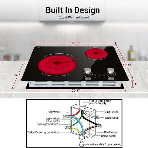 Electric Cooktop 2 Burner, 21" Built-in Ceramic Cooktop with Knob Control in Saudi Arabia