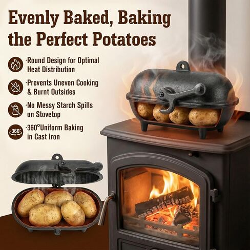 Enhon Cast Iron Baked Potato Cooker Latch, Cast Iron Potato Roaster for Wood Burners, Multifuel Stoves and Open Fires, Campsite Cooker for Flavorful Potatoes, Uniform Heating in Saudi Arabia
