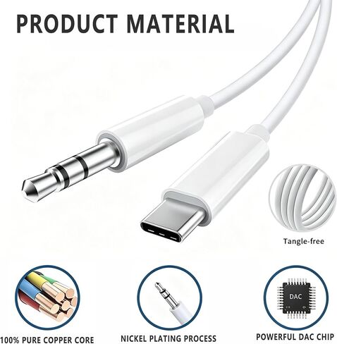 كابل USB C إلى 3.5 مم صوت Aux Jack، سلك Aux لهاتف iPhone 16، كابل سيارة من النوع C إلى 3.5 مم Aux سماعة رأس ستيريو لهواتف iPhone 17/17 Pro وSamsung Galaxy S25 وأجهزة iOS وAndroid الأخرى أبيض 3.3 قدم in Saudi Arabia