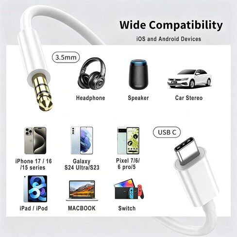 كابل USB C إلى 3.5 مم صوت Aux Jack، سلك Aux لهاتف iPhone 16، كابل سيارة من النوع C إلى 3.5 مم Aux سماعة رأس ستيريو لهواتف iPhone 17/17 Pro وSamsung Galaxy S25 وأجهزة iOS وAndroid الأخرى أبيض 3.3 قدم in Saudi Arabia