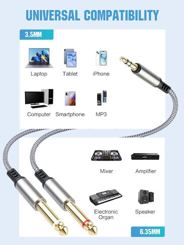 2 Pack 1/8 to 1/4 Stereo Cable 3.5mm TRS to Dual 6.35mm Audio Cord Adapter in Saudi Arabia