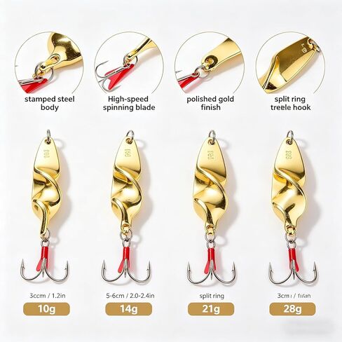 Twisted Spoon Fishing Lure,10g/14g/21g/28g Metal Spinner Bait with Treble Hook,Hard Bait for Freshwater Saltwater Bass Trout Salmon Fishing in Saudi Arabia
