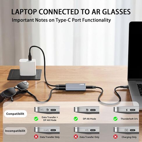 USB-C AR Glasses Adapter, 8K 30Hz/4K 144Hz, Power & Charge Sync | Compatible Xreal/Viture/RayNeo/Rokid AR Glasses,Steam Deck,ROG Ally,Switch 2,DJI RC 2,iPhone 15-17,Android,No Signal Lag in Saudi Arabia