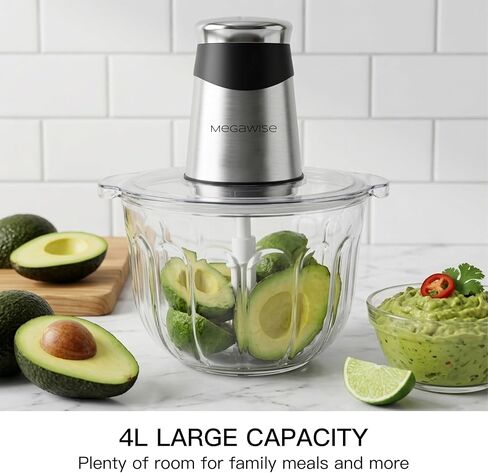 MEGAWISE Electric Food Processor, 1000W Meat Grinder & Vegetable Chopper with 4L Thick Glass Bowl, 4 Blades and Dual-Speed Food Chopper for Meat, Vegetables, Fruits, Nuts, and Baby Food in Saudi Arabia