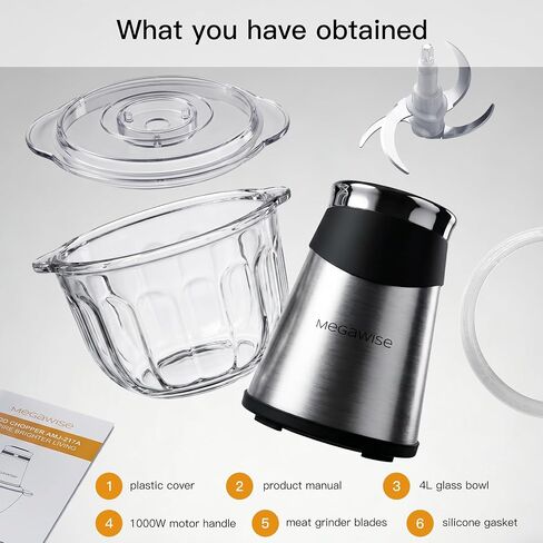MEGAWISE Electric Food Processor, 1000W Meat Grinder & Vegetable Chopper with 4L Thick Glass Bowl, 4 Blades and Dual-Speed Food Chopper for Meat, Vegetables, Fruits, Nuts, and Baby Food in Saudi Arabia