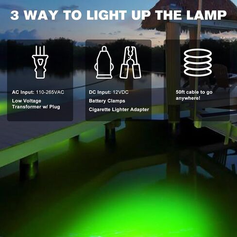 Goldlife Green Underwater Fishing Light LED 110V&12V Dual Power, 50FT | LED Submersible Dock & Boat Lights, IP69K Waterproof Saltwater Night Fish Attract Lighting for Crappie Squid, Lake & Kayak in Saudi Arabia