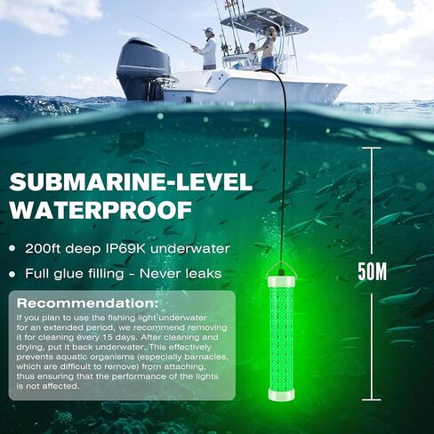 Goldlife Green Underwater Fishing Light LED 110V&12V Dual Power, 50FT | LED Submersible Dock & Boat Lights, IP69K Waterproof Saltwater Night Fish Attract Lighting for Crappie Squid, Lake & Kayak in Saudi Arabia
