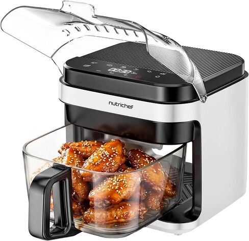 NutriChef 5.8 Quart Air Fryer | Glass Airfryer with 8-in-1 Digital Presets | Stainless Steel Fryer Design | Glass Fry Bowl with Flip-Up Safety Shield | Compact Air-Fryer for Even Cooking | White in Saudi Arabia