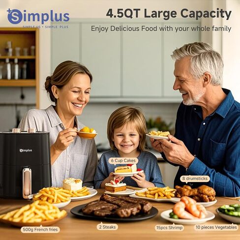SIMPLUS 4.5QT Air Fryer, 1300W Adjustable Temperature Airfryer Oven, 6 Preset Cooking Options, 392°F Rapid Air Crisp Technology, Quick & Easy Meals in Minutes, Nonstick & Easy-Clean Basket, Black in Saudi Arabia