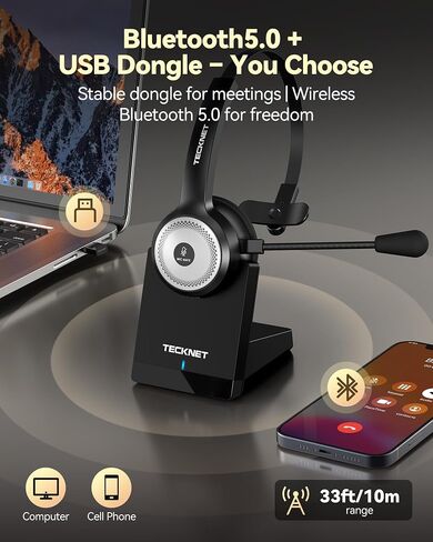 TECKNET سماعة رأس لاسلكية للعمل سماعات بلوتوث مع ميكروفون USB دونجل in Saudi Arabia