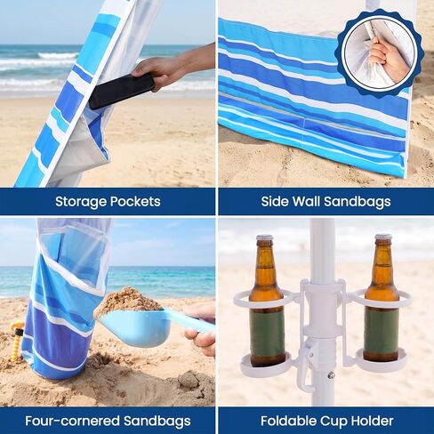 8'x8' Beach Cabana, UPF 50+ Large Beach Canopy with Side Wall, Easy Setup Pop Up Sun Shelter, Adjustable Height & Wind Resistant Beach Tent for 4-6 Person Family, Light Blue in Saudi Arabia