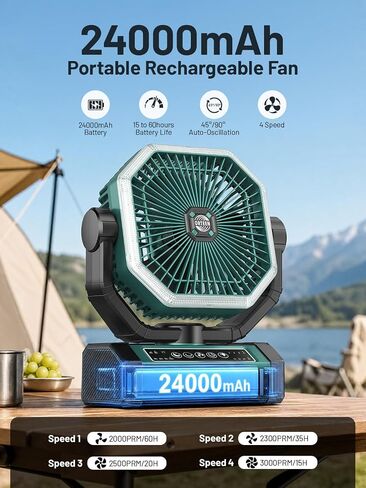 Portable Rechargeable Fan - 9-Inch Camping Fan for Tent, 24000mAh(60Hrs) Battery Operated Fan for Camping, Auto Oscillation Cordless Fans, Tent Fan with Remote/Light, 4 Speeds, 4 Timing, Outdoor in Kuwait