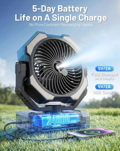 Misting Fan, Portable Camping Fans with 9oz Water Tank, 24000mAh Rechargeable Fan with 4 Speed, Battery Powered Fans with 120H Cooling, Last 5H Mist, 2 Mist Modes, Light, Outsides/Summer Essential in Saudi Arabia