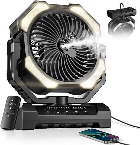 Misting Fan, Portable Camping Fans with 9oz Water Tank, 24000mAh Rechargeable Fan with 4 Speed, Battery Powered Fans with 120H Cooling, Last 5H Mist, 2 Mist Modes, Light, Outsides/Summer Essential in Saudi Arabia
