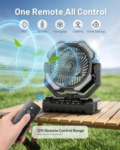 Misting Fan, Portable Camping Fans with 9oz Water Tank, 24000mAh Rechargeable Fan with 4 Speed, Battery Powered Fans with 120H Cooling, Last 5H Mist, 2 Mist Modes, Light, Outsides/Summer Essential in Saudi Arabia