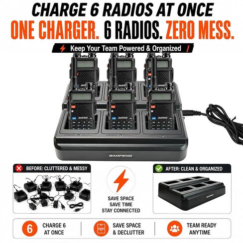 BAOFENG UV-5R Six Way Charger: 6 Slot Multi Unit Battery Charging Station for UV-5R 8W BF-F8HP GT-5R UV-5R+ - Desktop Radio Charger Dock Space Saving for Team Warehouse Emergency Use in Saudi Arabia