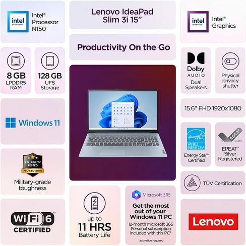 Lenovo IdeaPad Slim 3i • 15.6" FHD Laptop with Microsoft Office 365 • Intel N150 • 8GB DDR5 • 128GB PCle SSD • Lightweight • Win 11 in Saudi Arabia