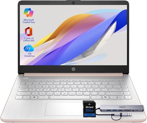 HP New Gen 14" Laptop · MS Office · 128GB · 512GB SD Card · 4GB RAM · HD Display · 12-Hour Battery · WiFi · Bluetooth · Windows 11 · Rose Gold in Saudi Arabia