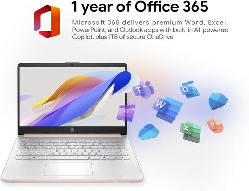 HP New Gen 14" Laptop · MS Office · 128GB · 512GB SD Card · 4GB RAM · HD Display · 12-Hour Battery · WiFi · Bluetooth · Windows 11 · Rose Gold in Saudi Arabia