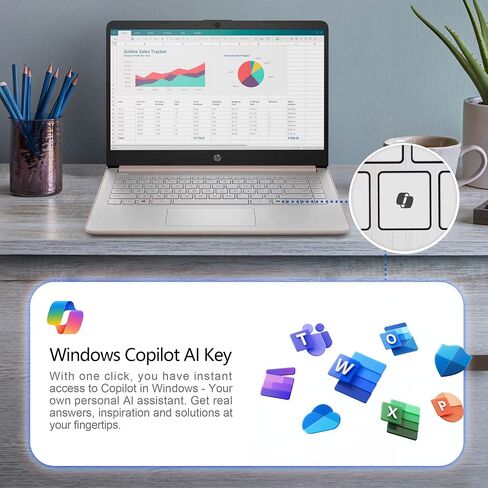 HP New Gen 14" Laptop · MS Office · 128GB · 512GB SD Card · 4GB RAM · HD Display · 12-Hour Battery · WiFi · Bluetooth · Windows 11 · Rose Gold in Saudi Arabia