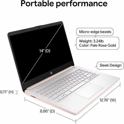 HP New Gen 14" Laptop · MS Office · 128GB · 512GB SD Card · 4GB RAM · HD Display · 12-Hour Battery · WiFi · Bluetooth · Windows 11 · Rose Gold in Saudi Arabia