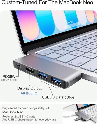 USB-C Hub for MacBook Neo/Pro/Air, MacBook Dock with 4k60Hz,1Type c 2USB3.0 in Saudi Arabia