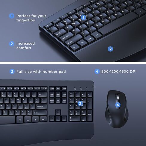 Wireless Keyboard and Mouse Combo, 2.4G Ergonomic Wave Keys, Black in Saudi Arabia