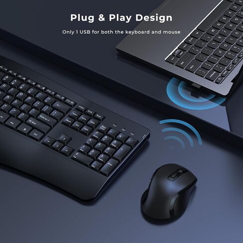 Wireless Keyboard and Mouse Combo, 2.4G Ergonomic Wave Keys, Black in Saudi Arabia