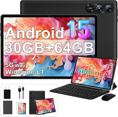 جهاز لوحي Android 15 بسعة 30 جيجابايت + 128 جيجابايت + 1 تيرابايت، 2026 10.1 بوصة ثماني النواة 8000 مللي أمبير في الساعة إلكترونيات مع ماوس لوحة مفاتيح، Gemini AI، 5G WiFi، شاشة لمس 1280x800 IPS، GPS، BT5.0، Widevine L1 - أزرق معدني in Saudi Arabia