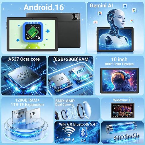 2 in 1 Android 16 Tablet with Keyboard Mouse Stylus Case, 34GB RAM 128GB 1TB Expand, Octa-Core Processor, 6000Ah Battery, HD Screen Widevine L1, Dual Cameras Face Unlock, WiFi 6 BT 5.4 Tablets Bundle in Saudi Arabia