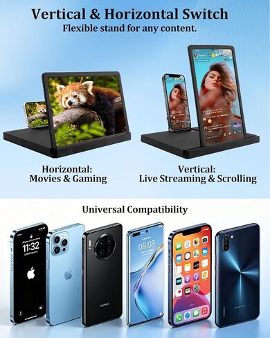 12" Phone Screen Magnifier, 3D HD Cell Phone Magnifier Screen with Vertical & Horizontal Switch, Foldable Mobile Phone Amplifier Enlarger for Movies and Gaming, Compatible with All Smartphones in Saudi Arabia
