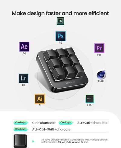 Vaydeer One-Handed Mechanical Keyboard Support NKRO, Hotkeys, One-Click Start,9 Fully Programmable Keys with Floating Window and Macro Multifunctional Keypad for iOS,Windows, Gift Idea for Him/Her in Saudi Arabia