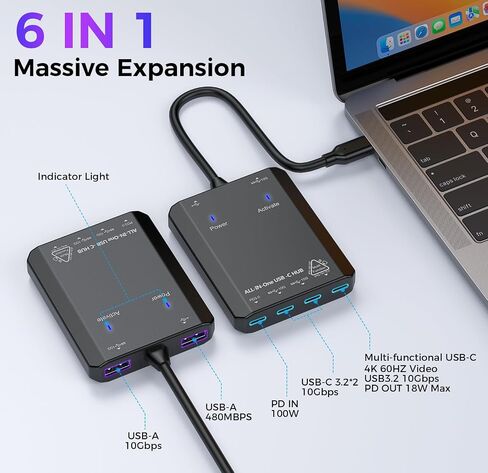 محور إخراج فيديو USB C بسرعة 10 جيجابت في الثانية، محول USB C متعدد المنافذ 6 في 1، 4K 60 هرتز in Saudi Arabia