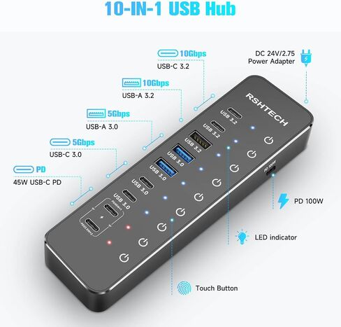 RSHTECH 10-Port 66W Powered USB C/USB 3.2 Hub 10Gbps for Data & PD Charging in Saudi Arabia
