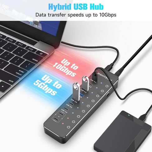 RSHTECH 10-Port 66W Powered USB C/USB 3.2 Hub 10Gbps for Data & PD Charging in Saudi Arabia