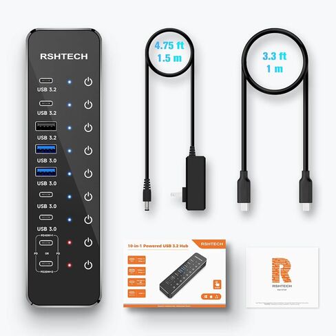 RSHTECH 10-Port 66W Powered USB C/USB 3.2 Hub 10Gbps for Data & PD Charging in Saudi Arabia