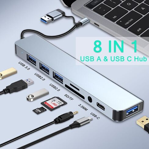 USB C Hub USB Hub 3.0، VIENON ألومنيوم 8 في 1 موسع USB مع قارئ بطاقة SD/TF، ​​مقبس سماعة رأس Aux 3.5 مم لجهاز MacBook Pro Air والمزيد من أجهزة الكمبيوتر/الكمبيوتر المحمول/الكمبيوتر اللوحي in Saudi Arabia