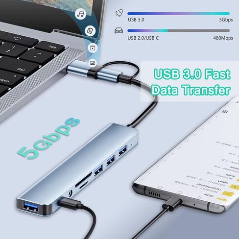 USB C Hub USB Hub 3.0، VIENON ألومنيوم 8 في 1 موسع USB مع قارئ بطاقة SD/TF، ​​مقبس سماعة رأس Aux 3.5 مم لجهاز MacBook Pro Air والمزيد من أجهزة الكمبيوتر/الكمبيوتر المحمول/الكمبيوتر اللوحي in Saudi Arabia