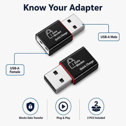 Rixmie USB-A Data Blocker, Male to Female Charge-Only Adapter, 2-Pack in Saudi Arabia